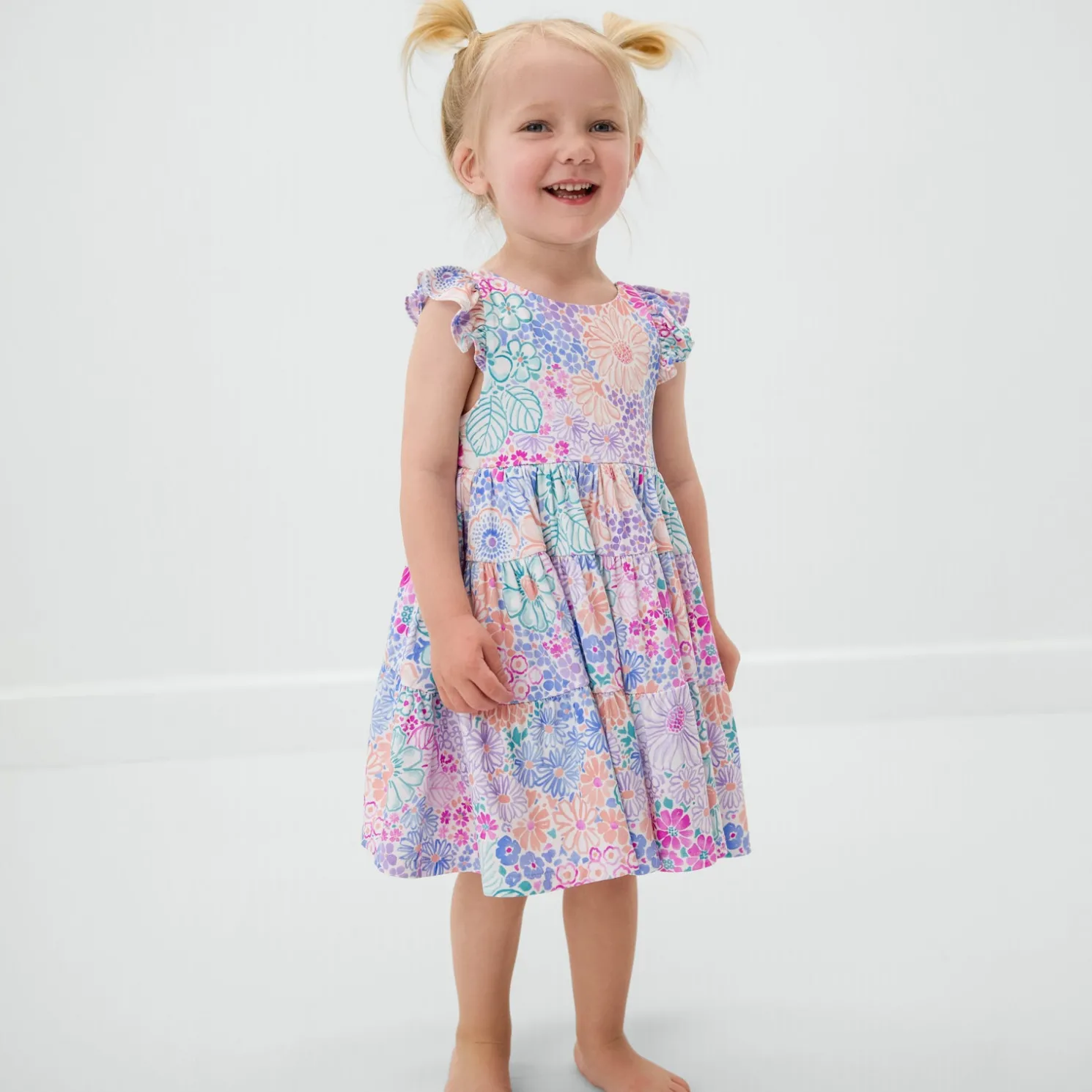 Doodle Blooms Tiered Flutter Dress with Bloomer