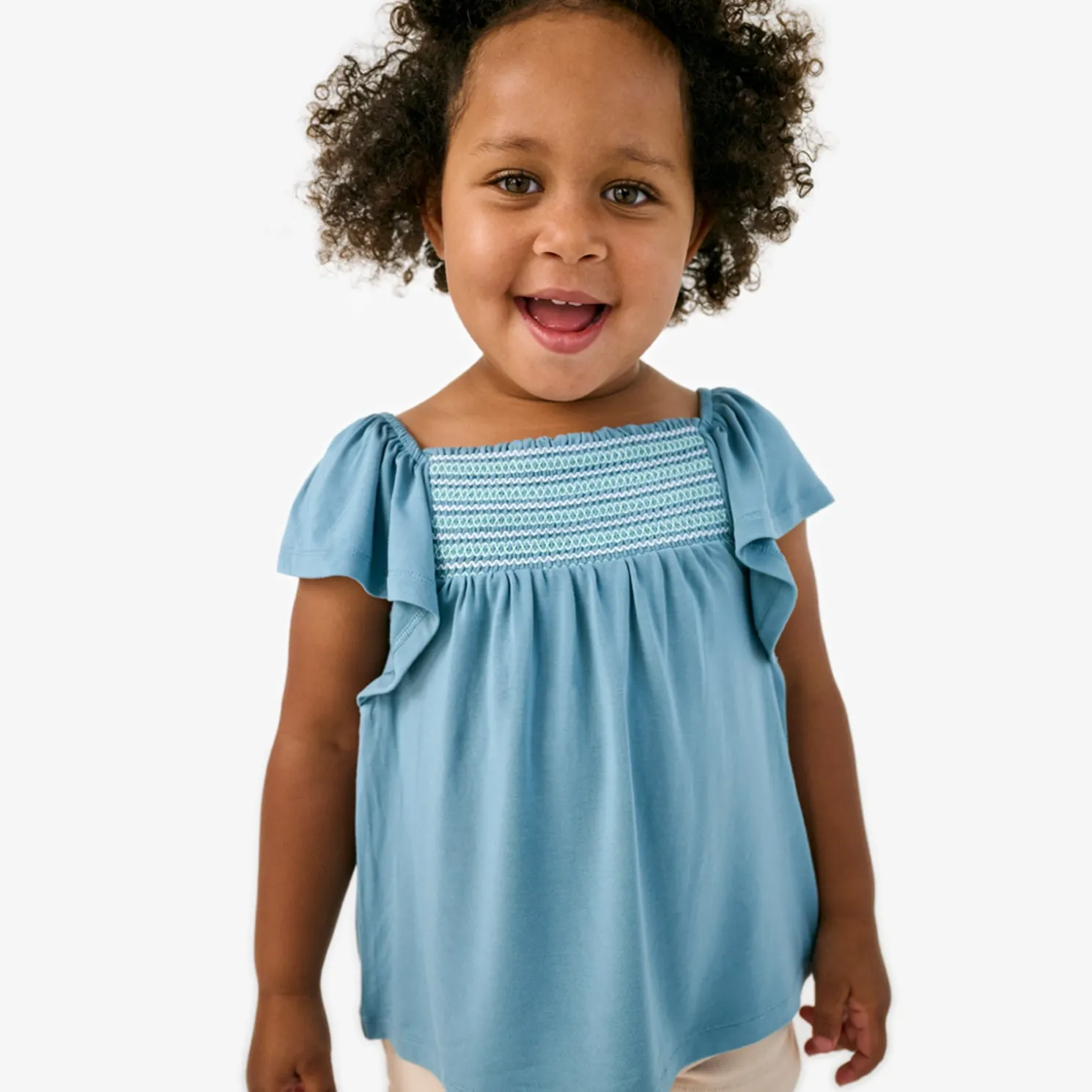 Dusk Blue Smocked Flutter Top