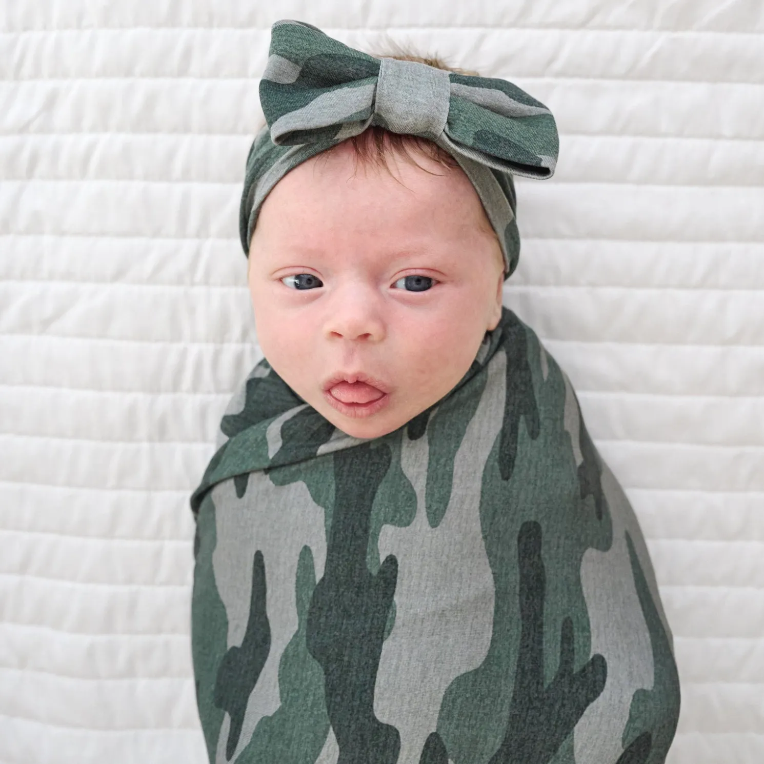 Vintage Camo Swaddle & Luxe Bow Headband Set